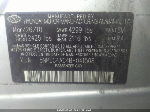 Photo 8 VIN: 5NPEC4AC4BH041508 - HYUNDAI SONATA 