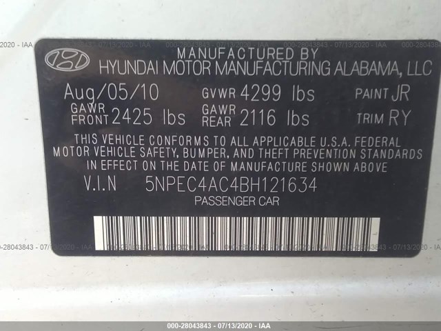 Photo 8 VIN: 5NPEC4AC4BH121634 - HYUNDAI SONATA 