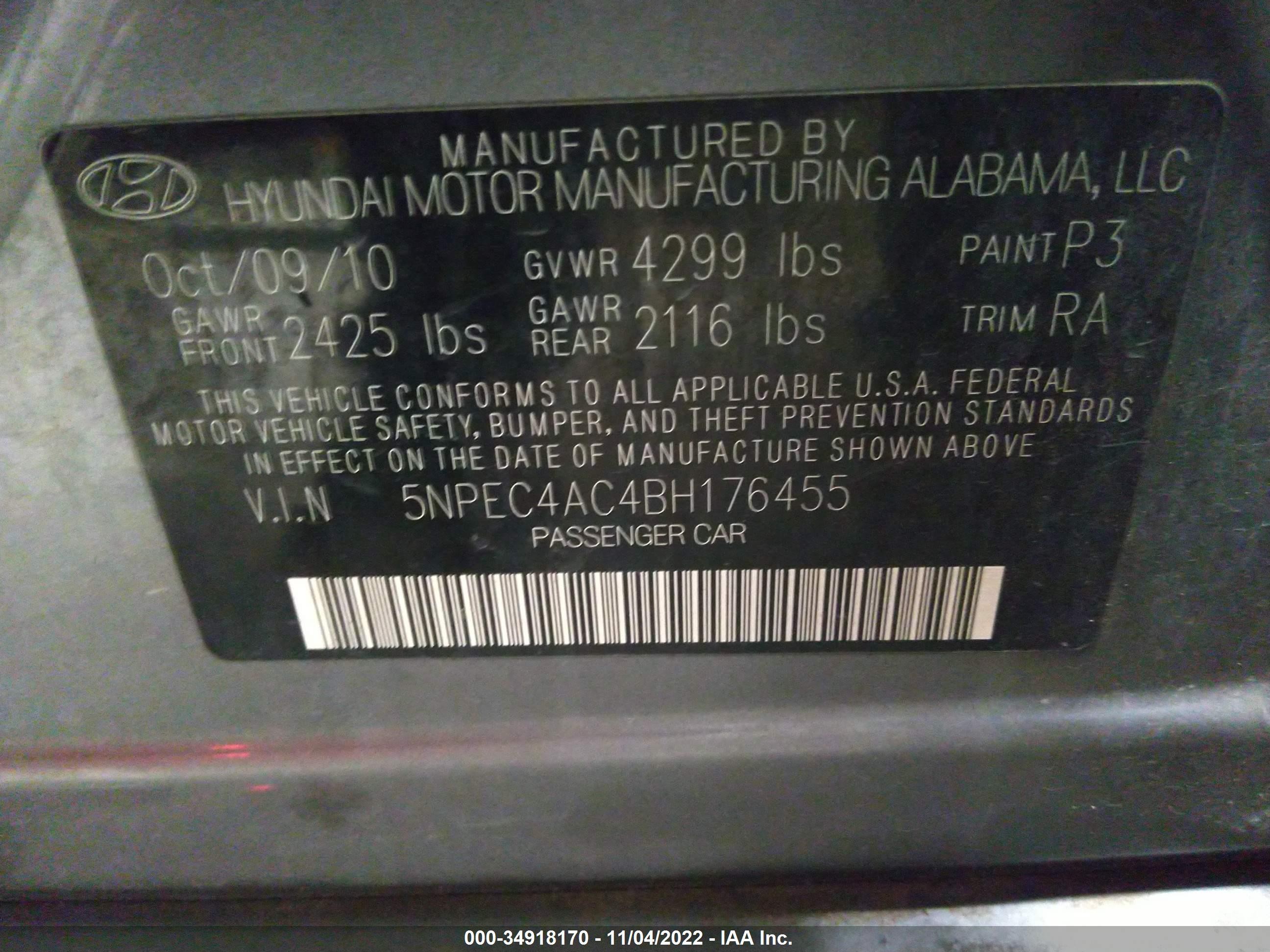 Photo 8 VIN: 5NPEC4AC4BH176455 - HYUNDAI SONATA 