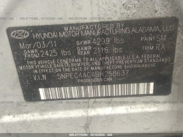 Photo 8 VIN: 5NPEC4AC4BH258637 - HYUNDAI SONATA 