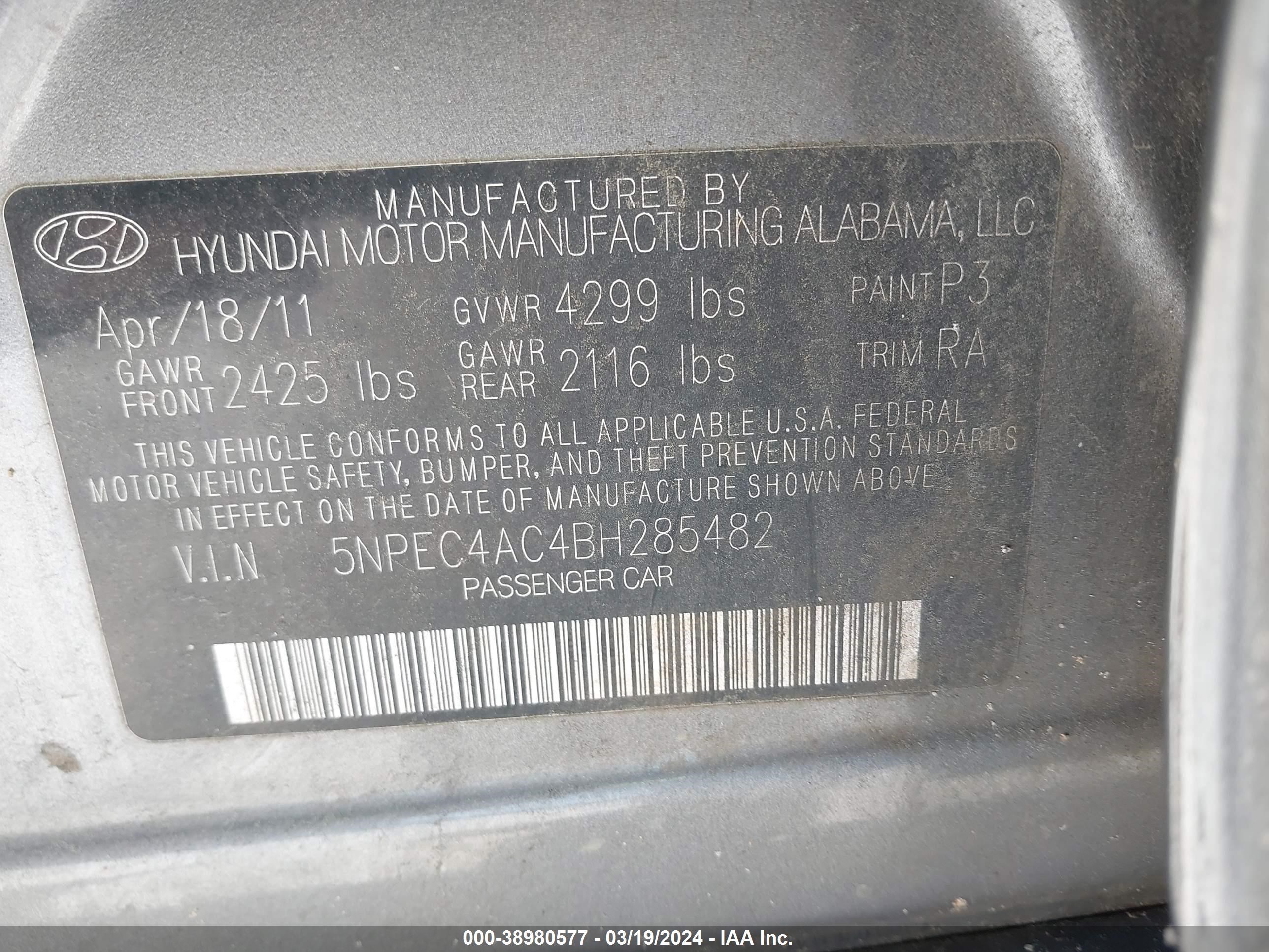 Photo 8 VIN: 5NPEC4AC4BH285482 - HYUNDAI SONATA 