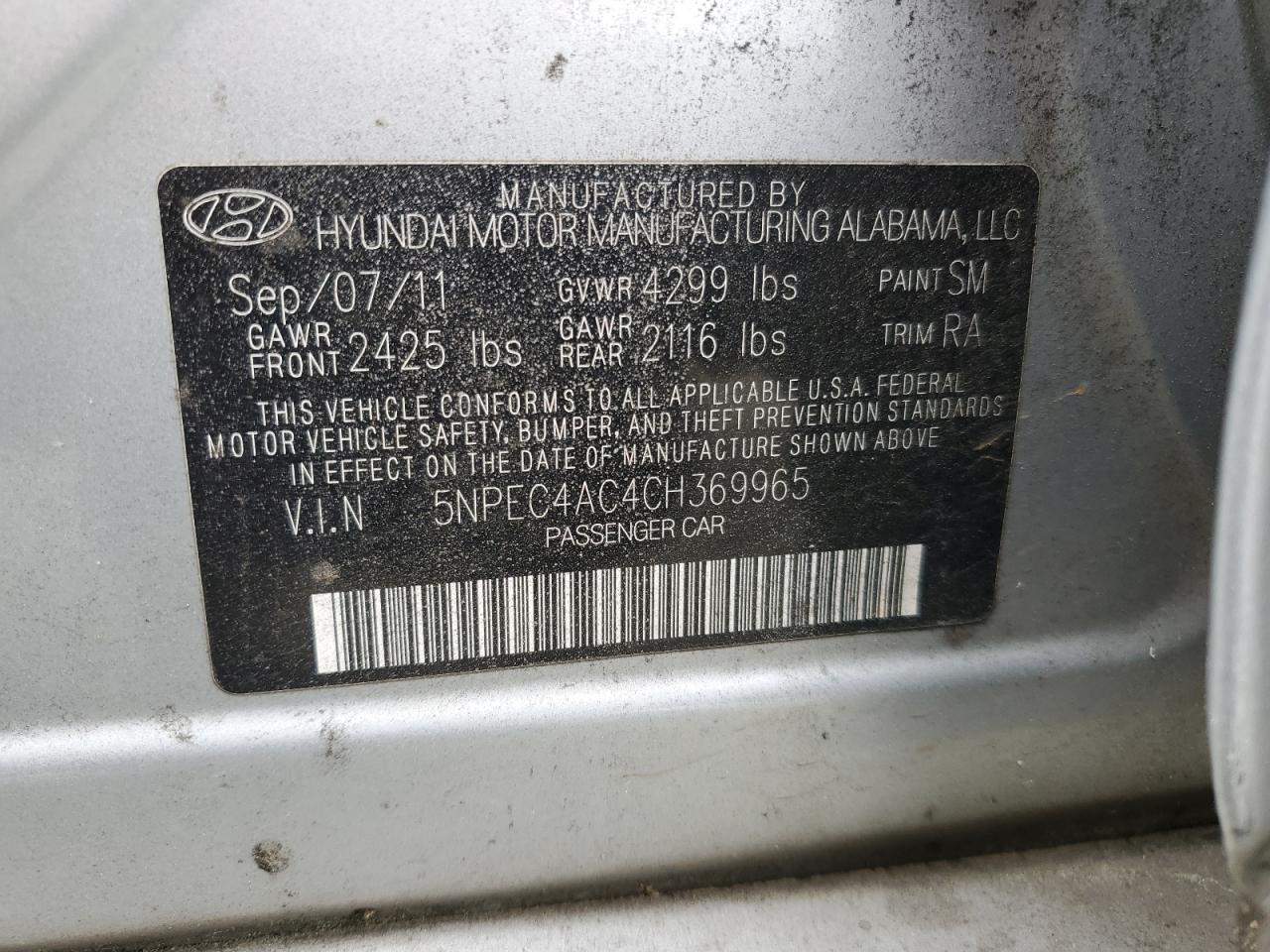 Photo 11 VIN: 5NPEC4AC4CH369965 - HYUNDAI SONATA 