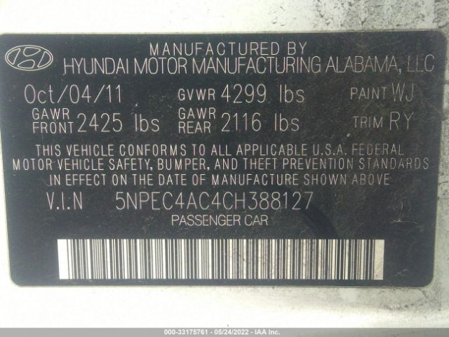 Photo 8 VIN: 5NPEC4AC4CH388127 - HYUNDAI SONATA 