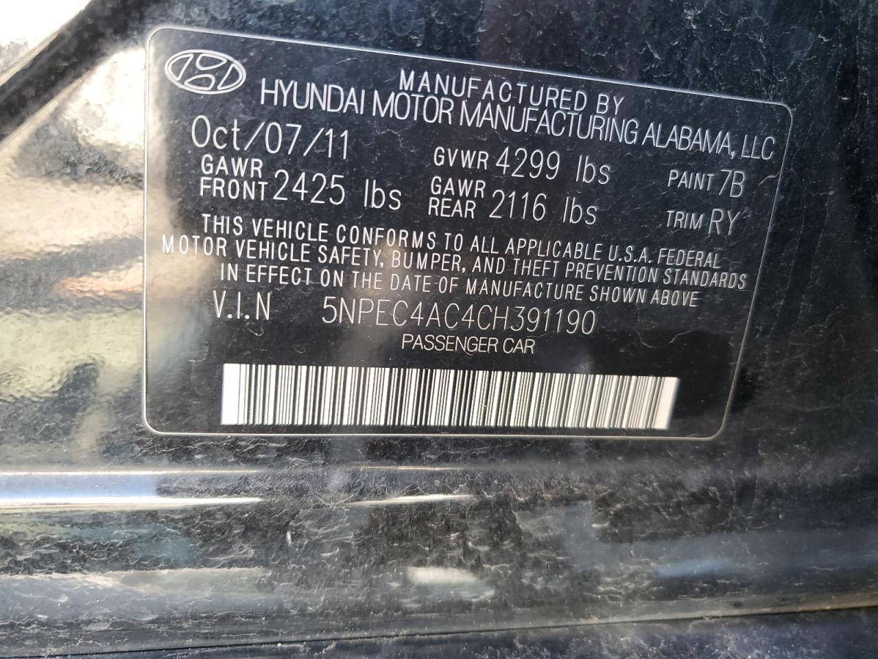 Photo 11 VIN: 5NPEC4AC4CH391190 - HYUNDAI SONATA 