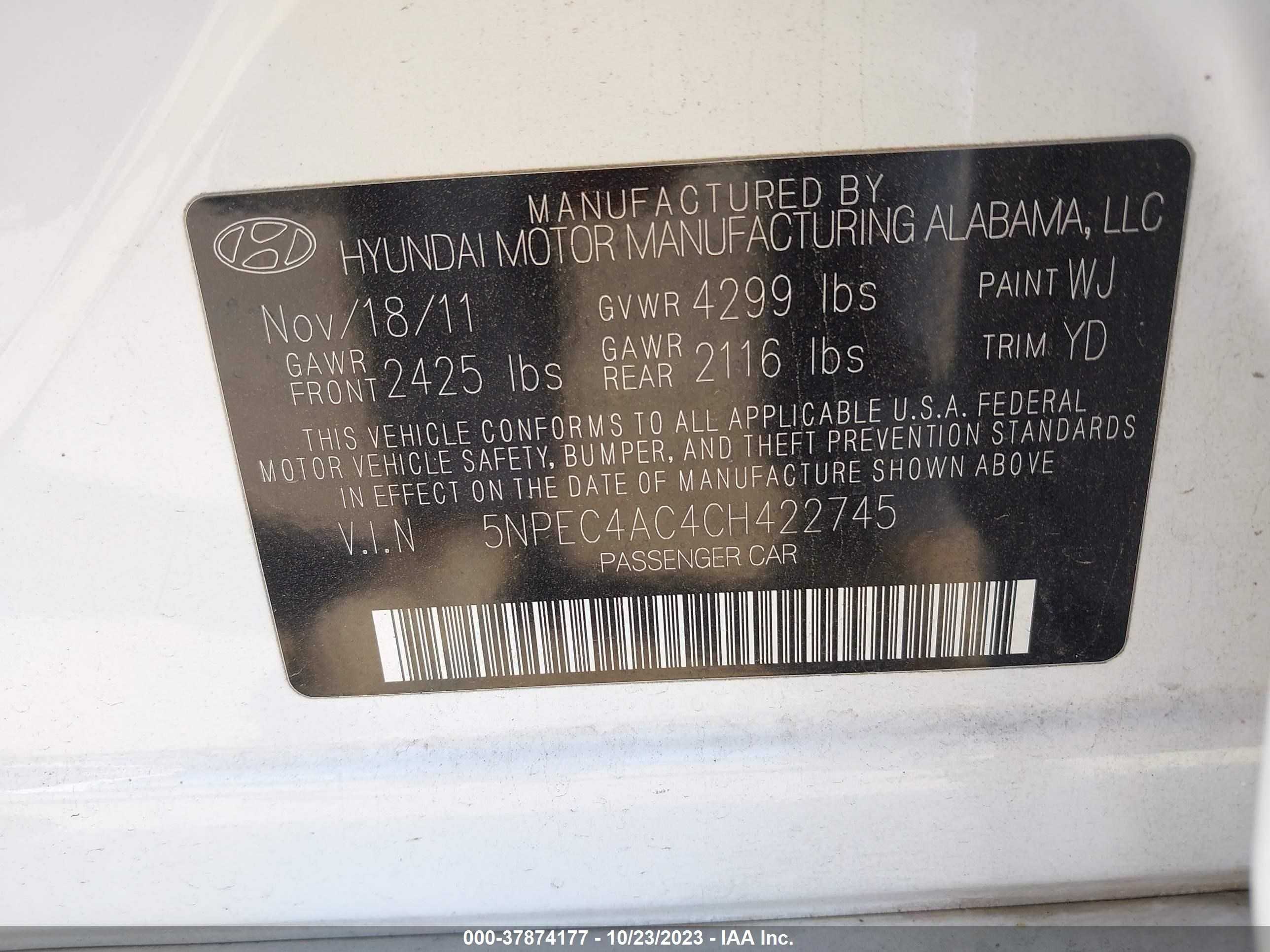 Photo 8 VIN: 5NPEC4AC4CH422745 - HYUNDAI SONATA 