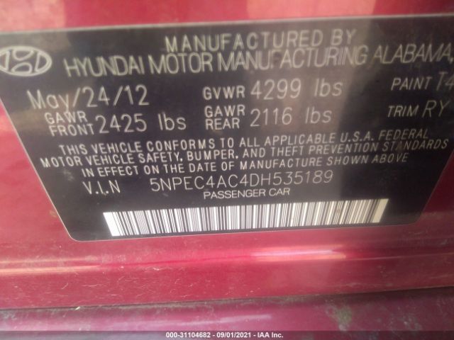 Photo 8 VIN: 5NPEC4AC4DH535189 - HYUNDAI SONATA 