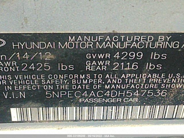 Photo 8 VIN: 5NPEC4AC4DH547536 - HYUNDAI SONATA 