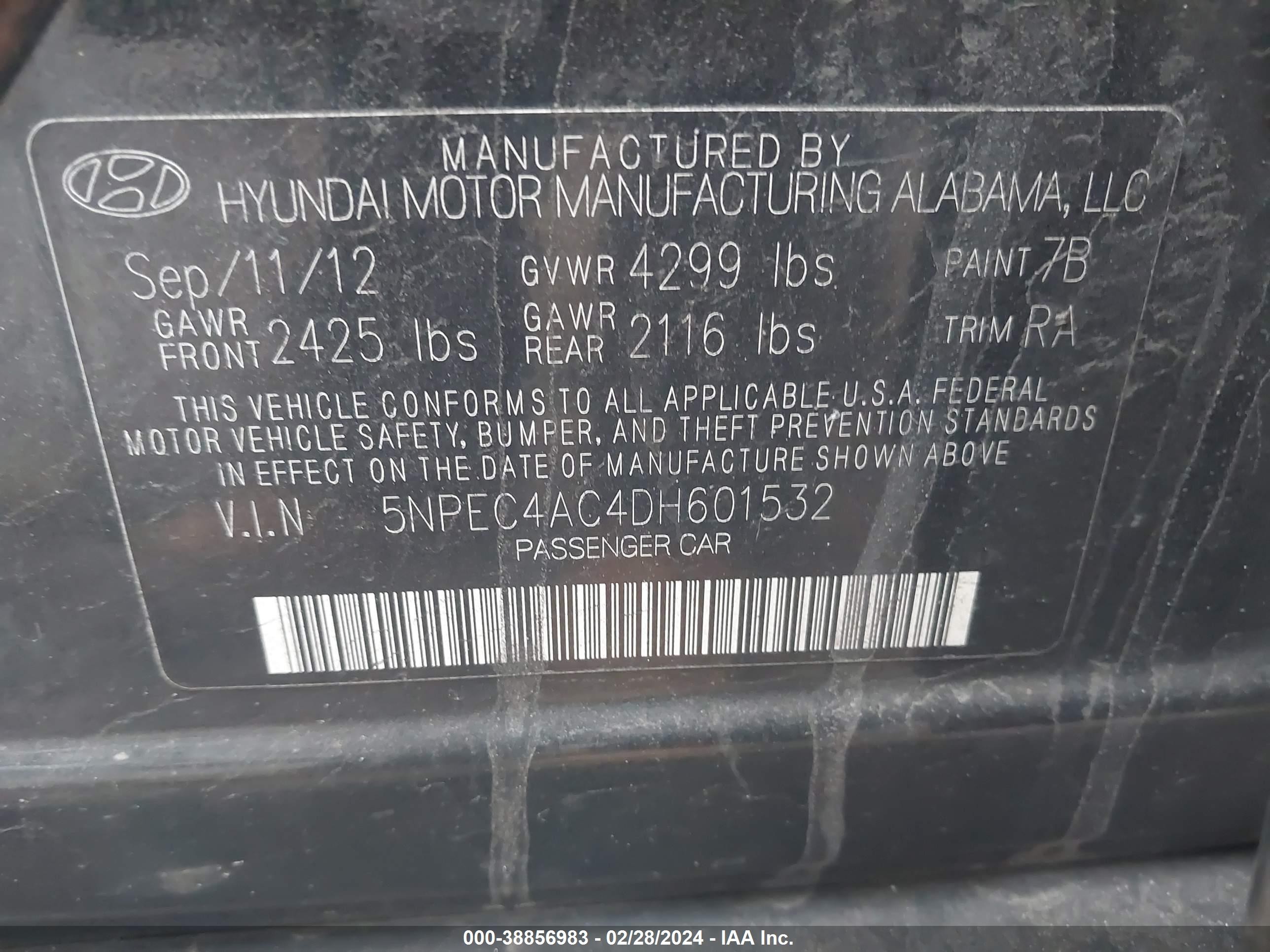 Photo 8 VIN: 5NPEC4AC4DH601532 - HYUNDAI SONATA 