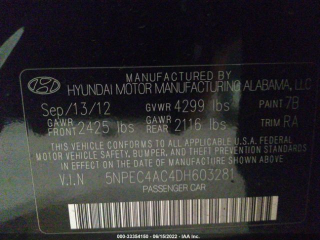 Photo 8 VIN: 5NPEC4AC4DH603281 - HYUNDAI SONATA 