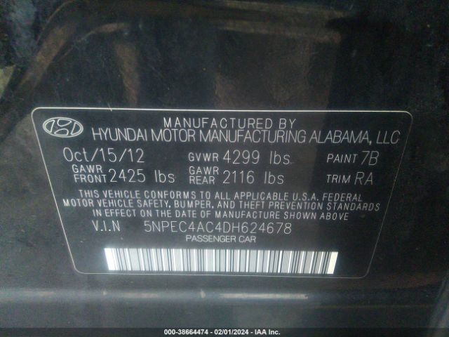 Photo 8 VIN: 5NPEC4AC4DH624678 - HYUNDAI SONATA 