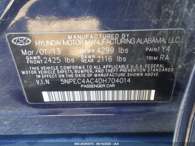 Photo 8 VIN: 5NPEC4AC4DH704014 - HYUNDAI SONATA 