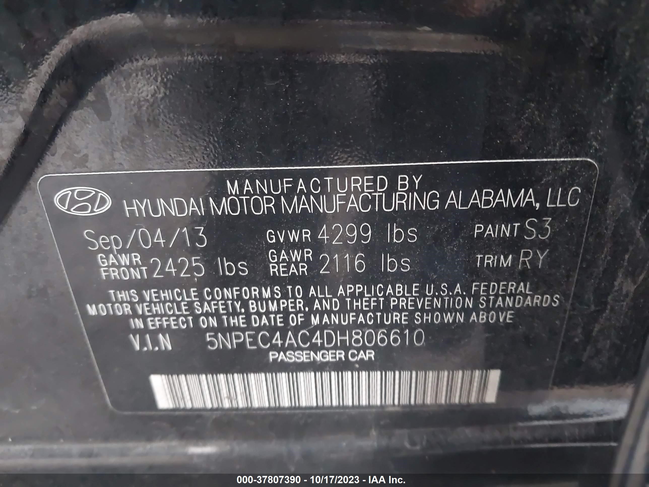 Photo 8 VIN: 5NPEC4AC4DH806610 - HYUNDAI SONATA 