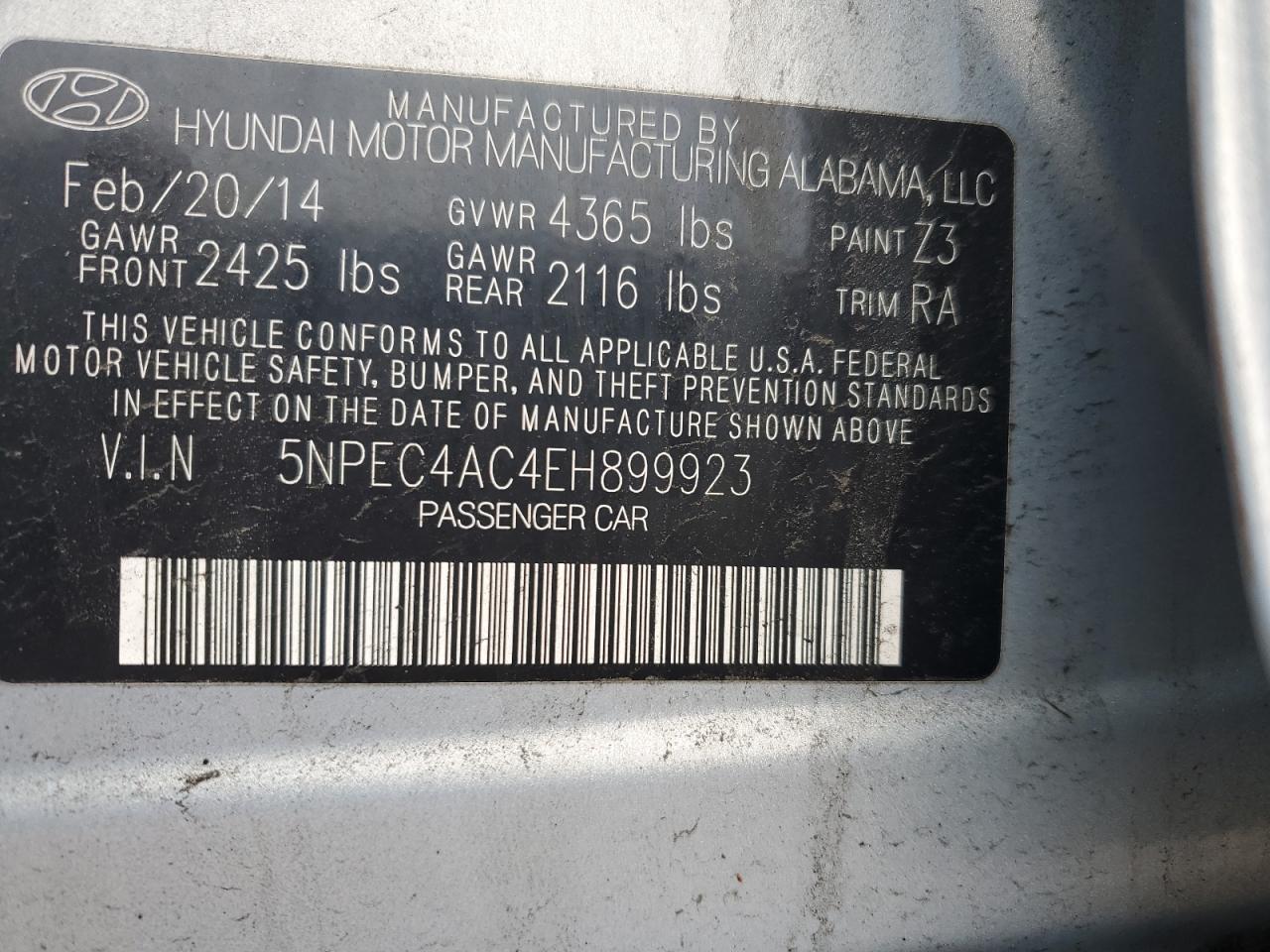 Photo 9 VIN: 5NPEC4AC4EH899923 - HYUNDAI SONATA 