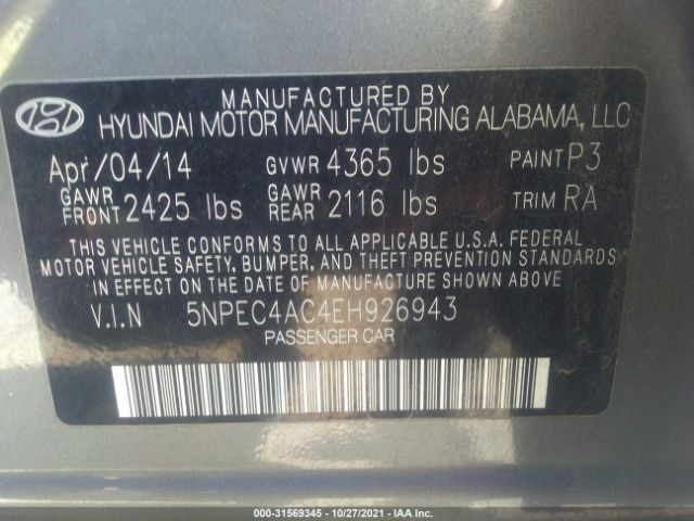 Photo 8 VIN: 5NPEC4AC4EH926943 - HYUNDAI SONATA 