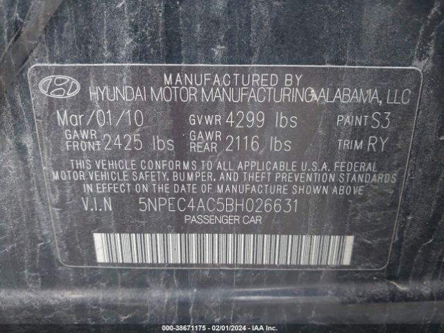 Photo 8 VIN: 5NPEC4AC5BH026631 - HYUNDAI SONATA 