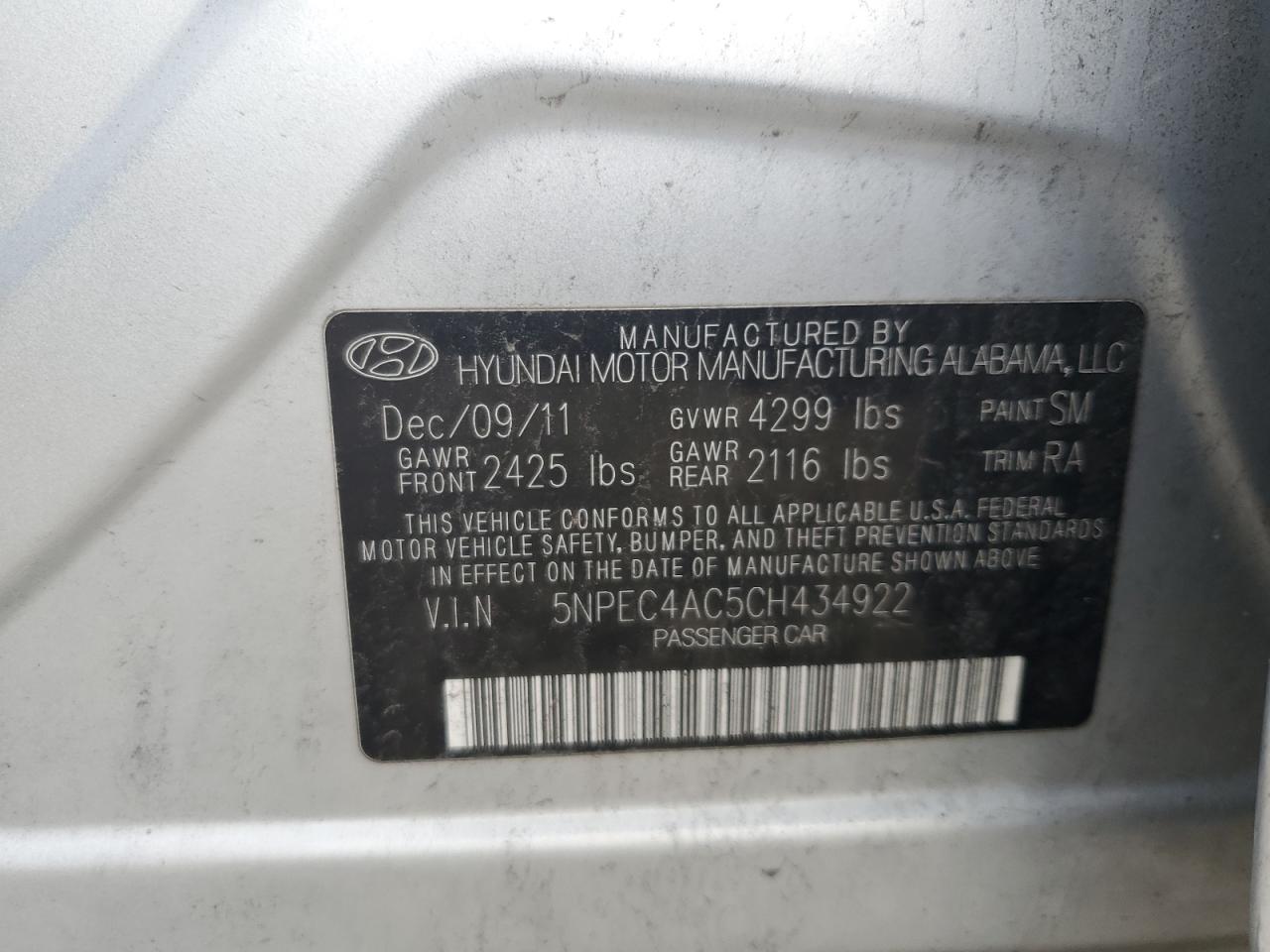 Photo 11 VIN: 5NPEC4AC5CH434922 - HYUNDAI SONATA 