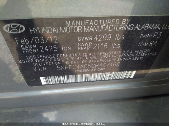 Photo 8 VIN: 5NPEC4AC5CH467466 - HYUNDAI SONATA 