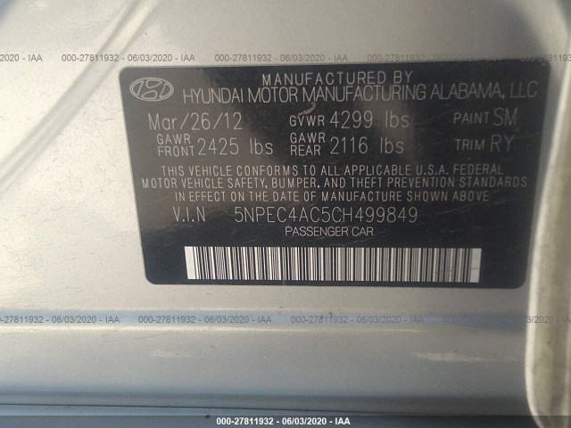 Photo 8 VIN: 5NPEC4AC5CH499849 - HYUNDAI SONATA 