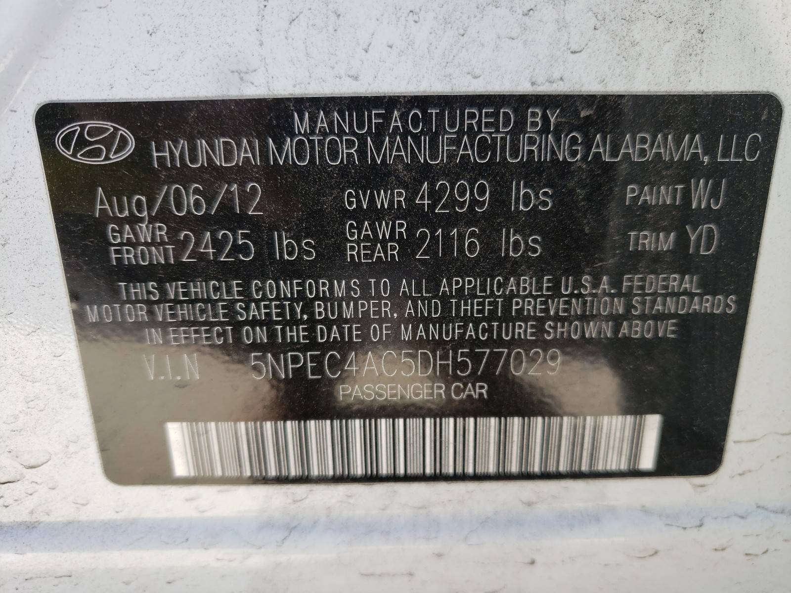 Photo 9 VIN: 5NPEC4AC5DH577029 - HYUNDAI SONATA SE 