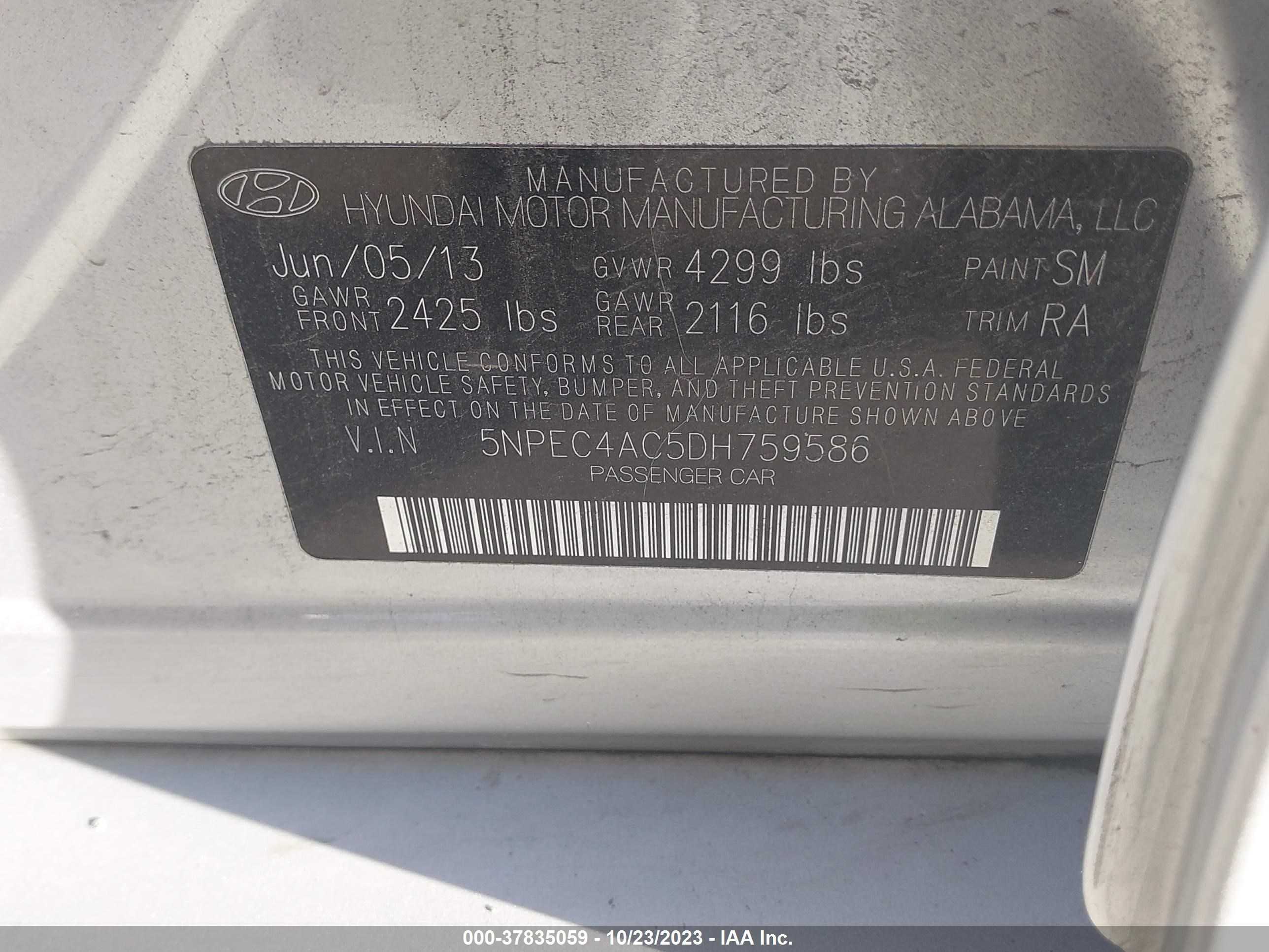 Photo 8 VIN: 5NPEC4AC5DH759586 - HYUNDAI SONATA 