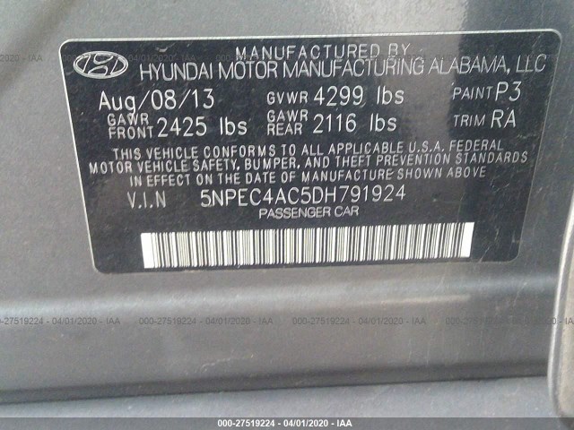 Photo 8 VIN: 5NPEC4AC5DH791924 - HYUNDAI SONATA 