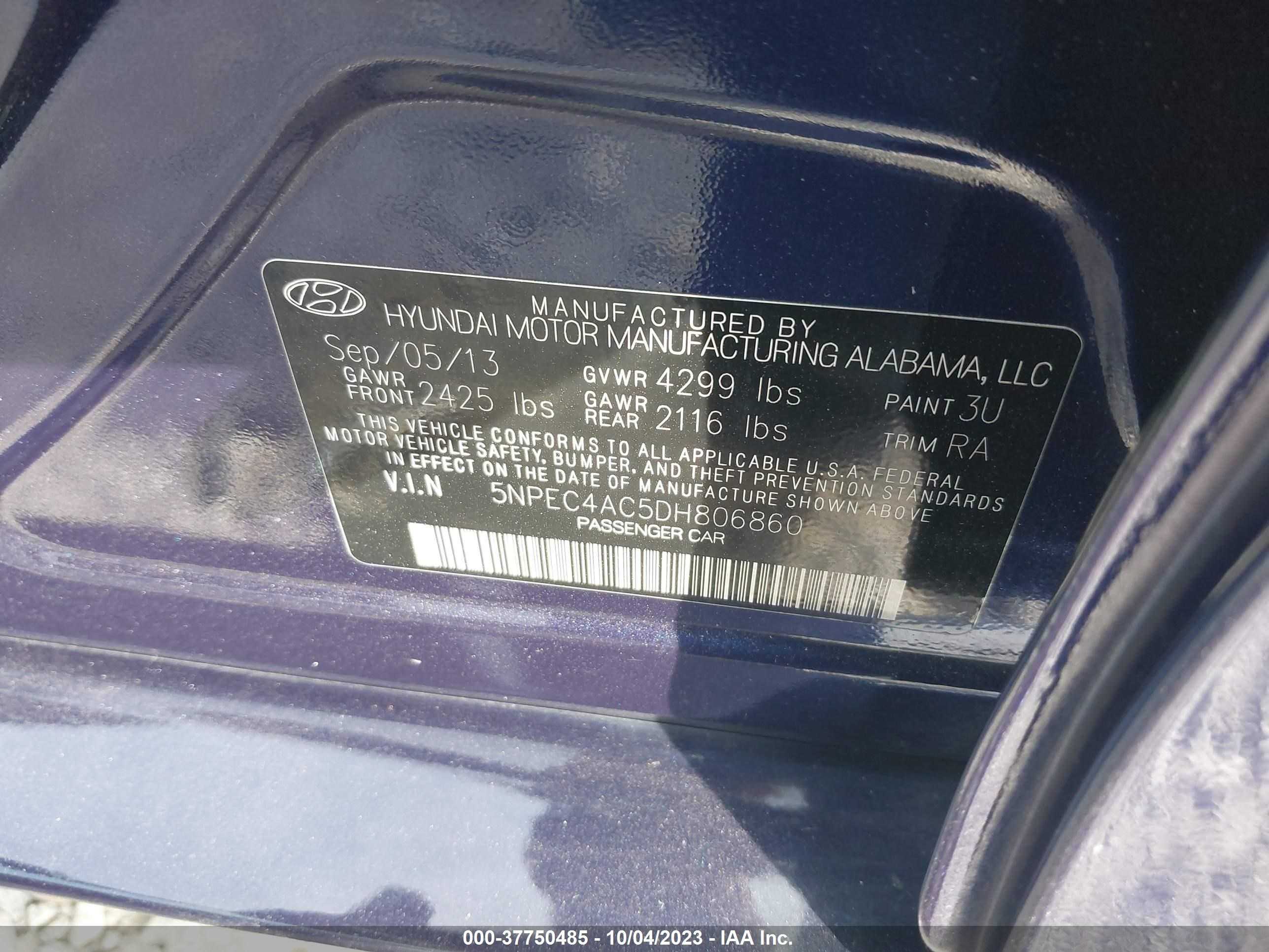 Photo 8 VIN: 5NPEC4AC5DH806860 - HYUNDAI SONATA 