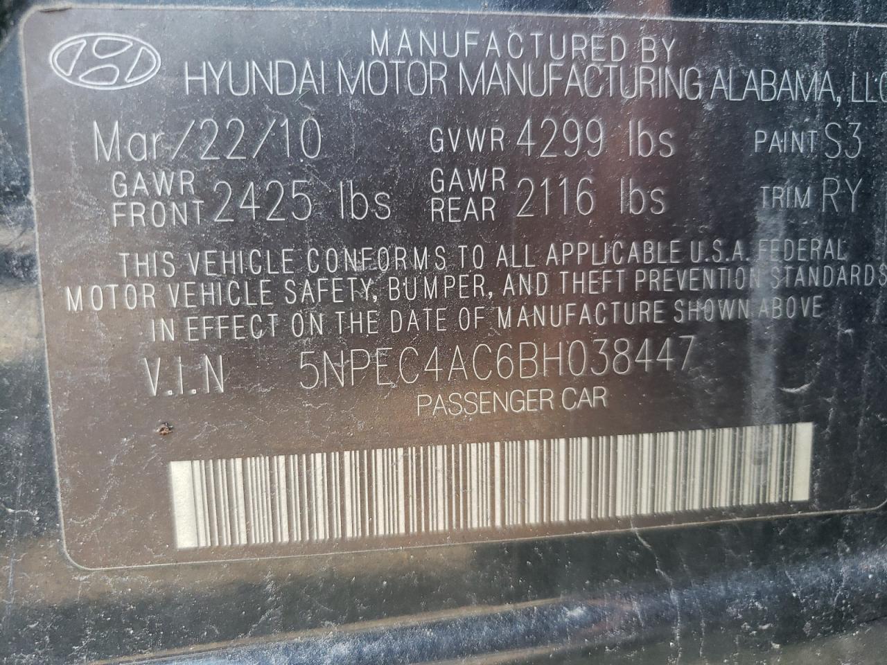 Photo 11 VIN: 5NPEC4AC6BH038447 - HYUNDAI SONATA 