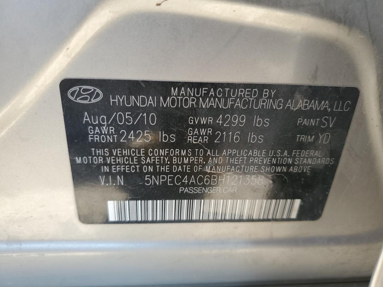 Photo 11 VIN: 5NPEC4AC6BH121358 - HYUNDAI SONATA 