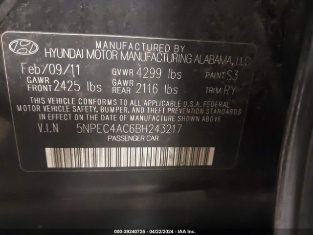 Photo 8 VIN: 5NPEC4AC6BH243217 - HYUNDAI SONATA 