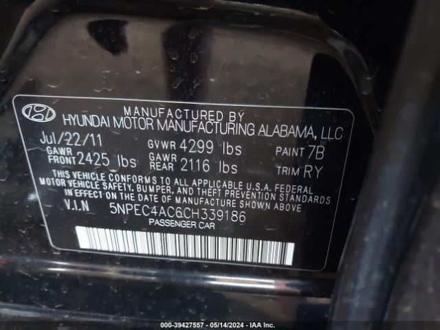 Photo 8 VIN: 5NPEC4AC6CH339186 - HYUNDAI SONATA 