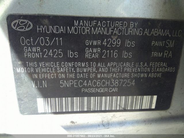 Photo 8 VIN: 5NPEC4AC6CH387254 - HYUNDAI SONATA 