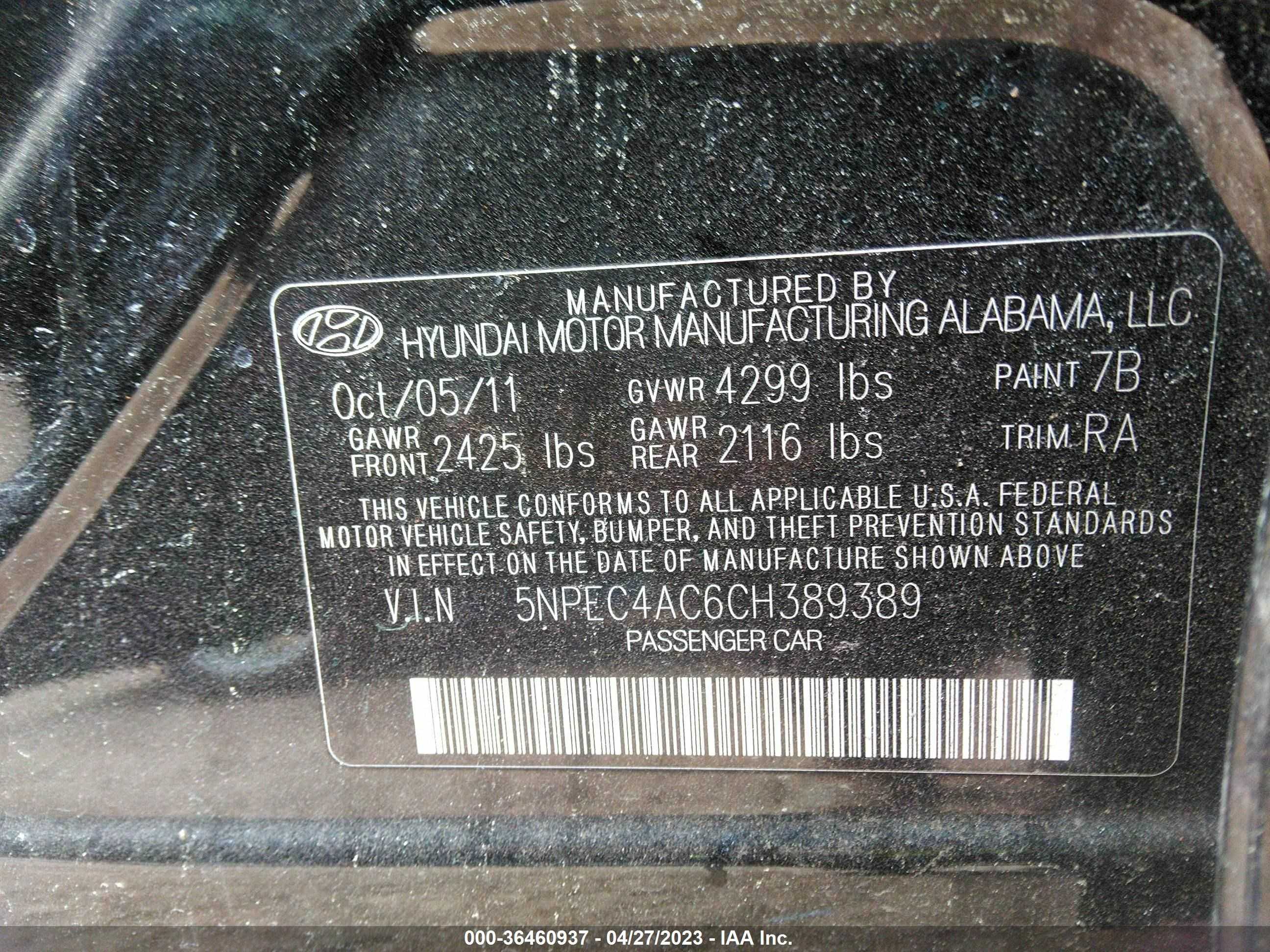 Photo 8 VIN: 5NPEC4AC6CH389389 - HYUNDAI SONATA 