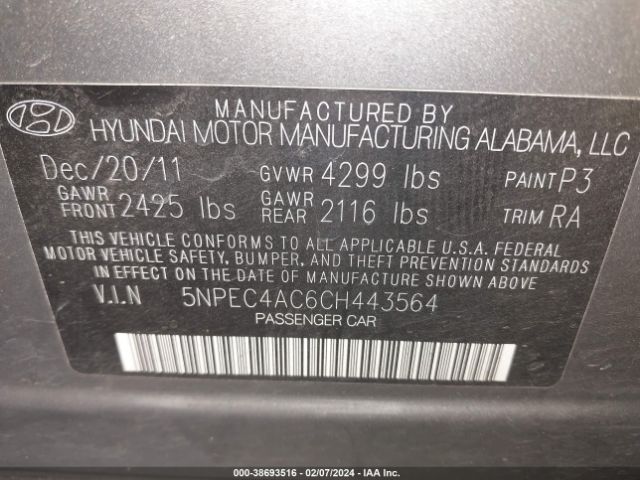 Photo 8 VIN: 5NPEC4AC6CH443564 - HYUNDAI SONATA 