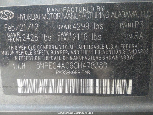 Photo 8 VIN: 5NPEC4AC6CH478380 - HYUNDAI SONATA 