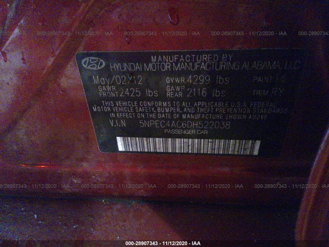 Photo 8 VIN: 5NPEC4AC6DH522038 - HYUNDAI SONATA 