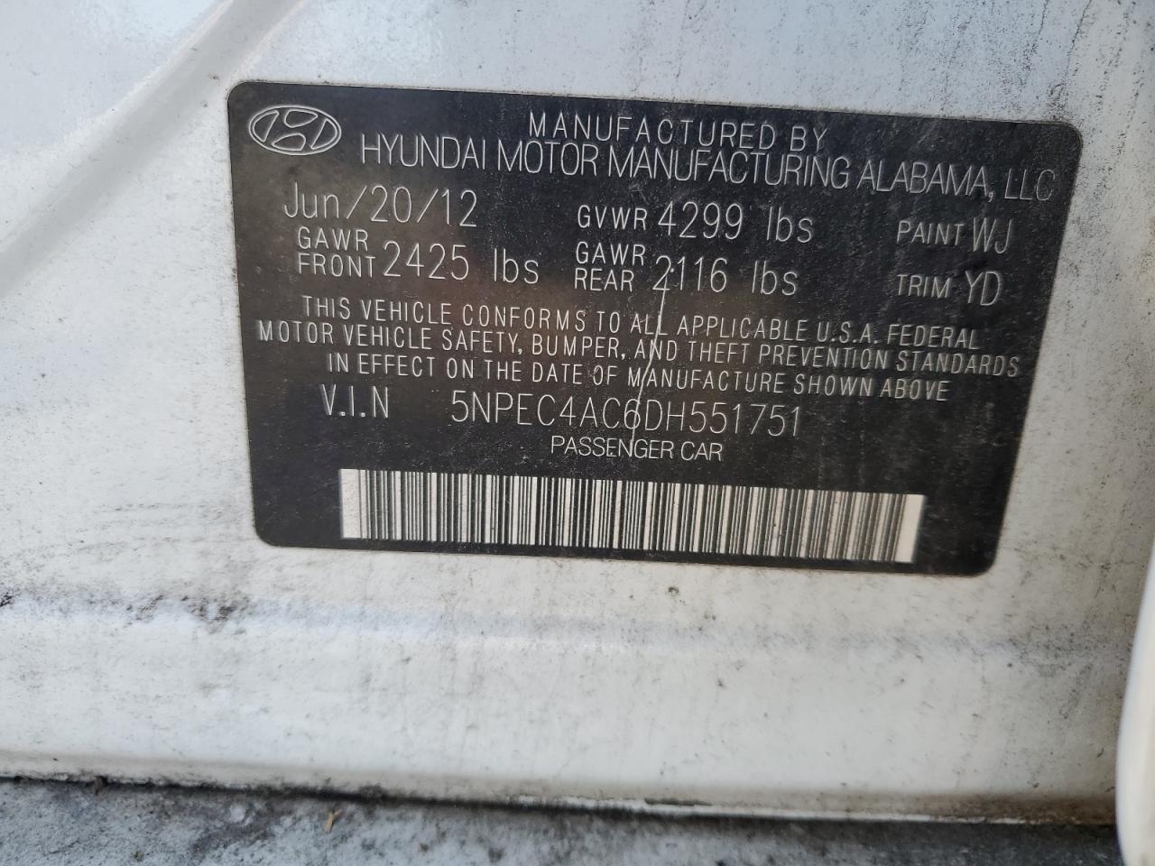 Photo 11 VIN: 5NPEC4AC6DH551751 - HYUNDAI SONATA 