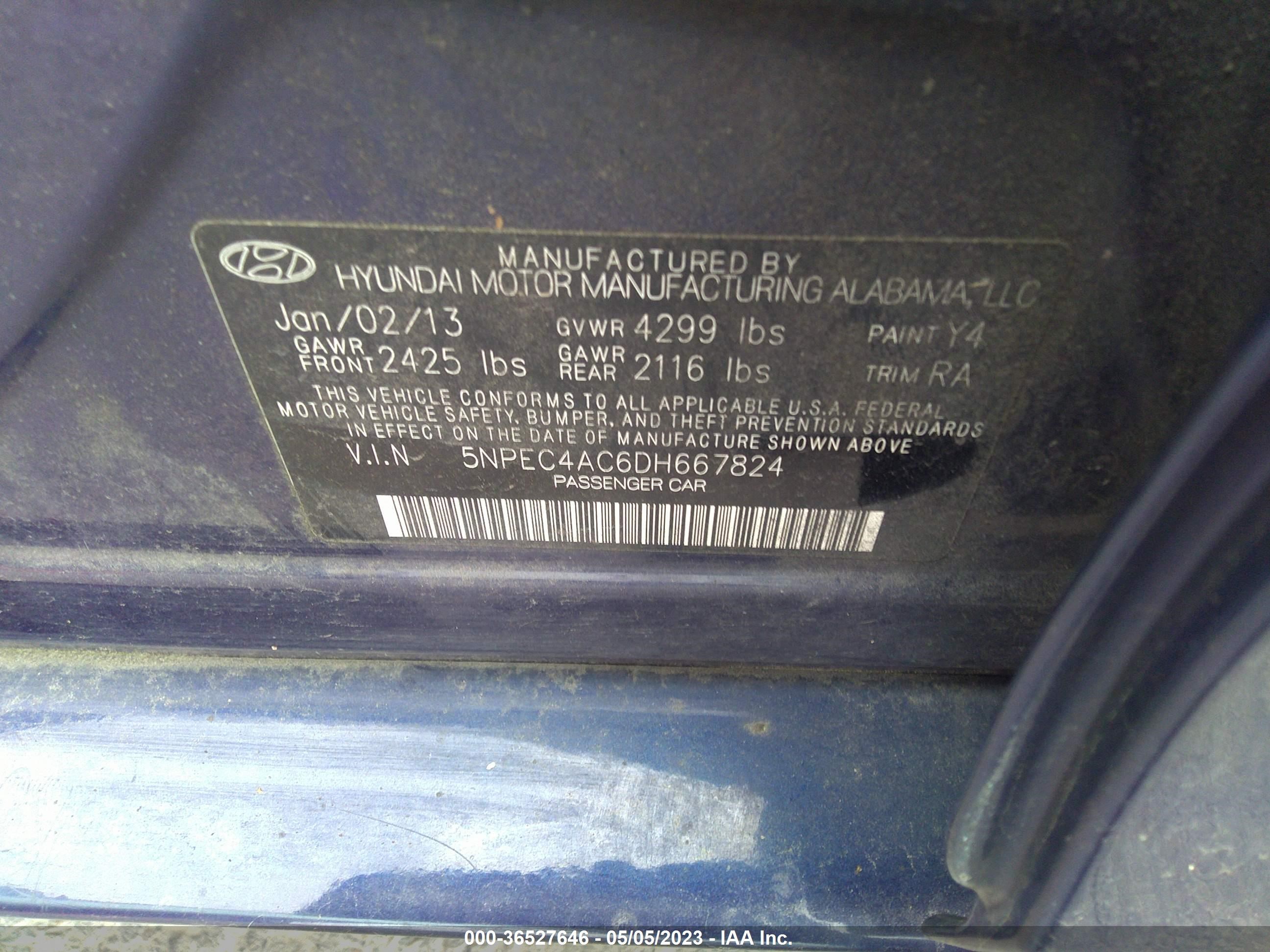 Photo 8 VIN: 5NPEC4AC6DH667824 - HYUNDAI SONATA 