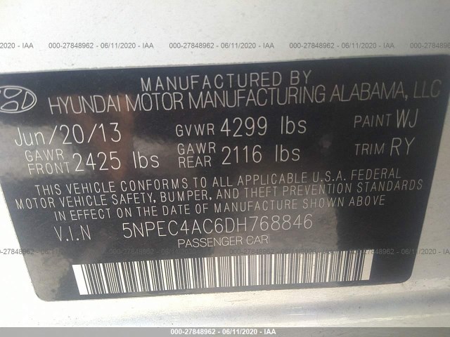 Photo 8 VIN: 5NPEC4AC6DH768846 - HYUNDAI SONATA 