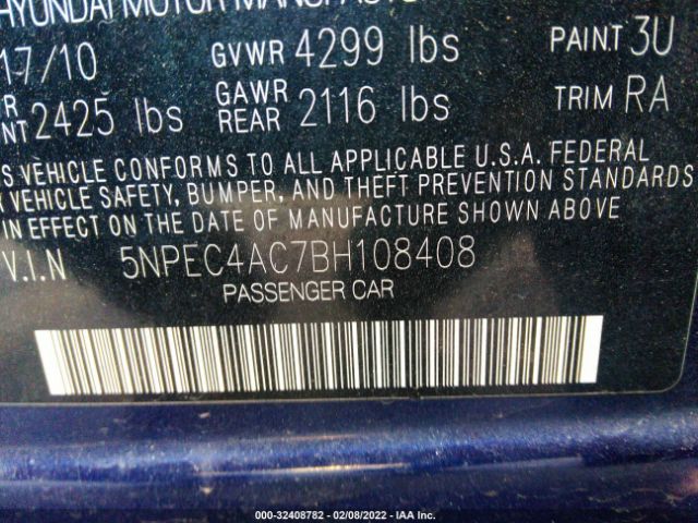 Photo 8 VIN: 5NPEC4AC7BH108408 - HYUNDAI SONATA 