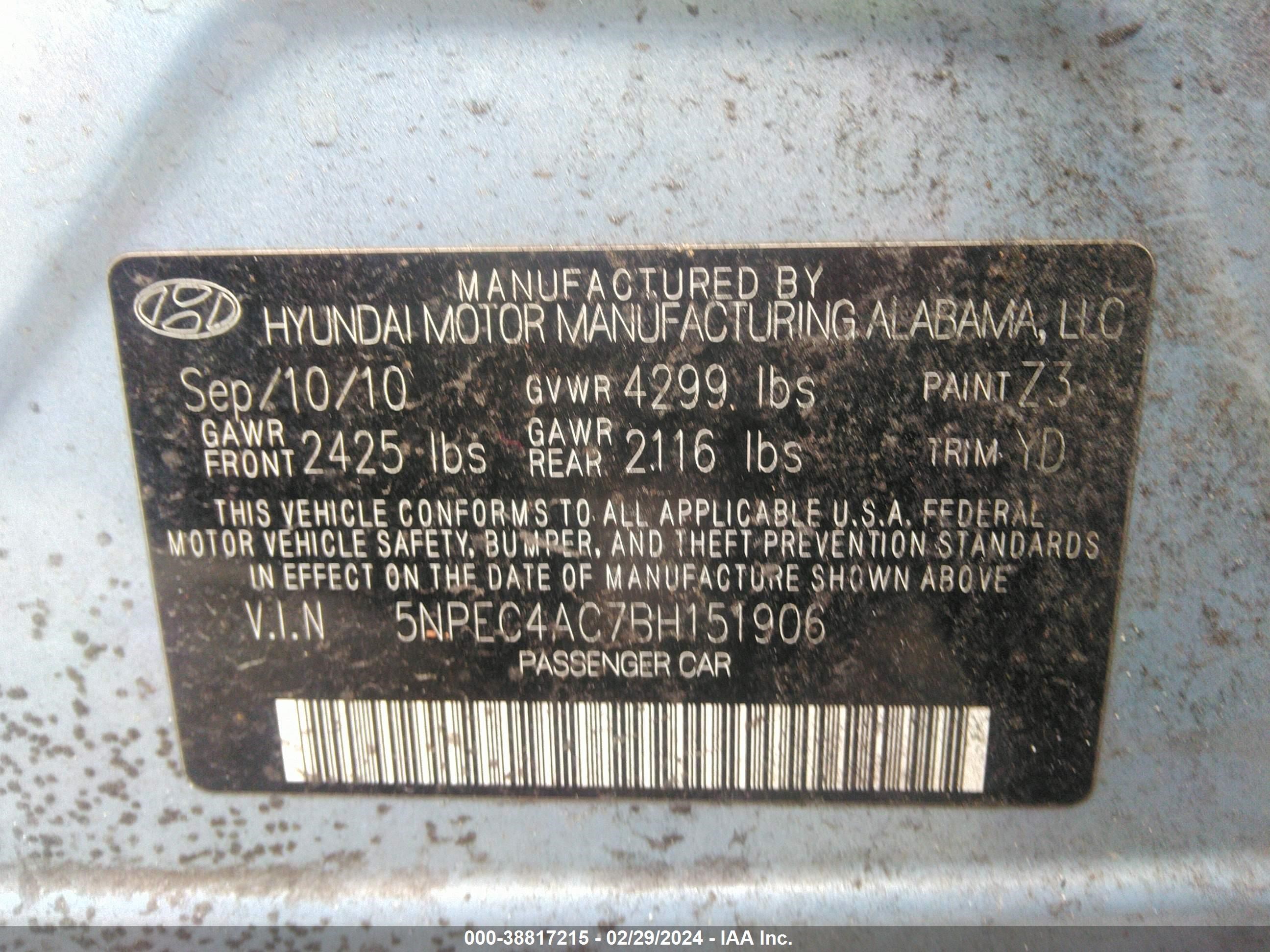 Photo 8 VIN: 5NPEC4AC7BH151906 - HYUNDAI SONATA 