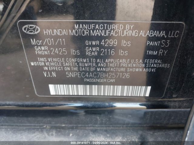 Photo 8 VIN: 5NPEC4AC7BH257126 - HYUNDAI SONATA 