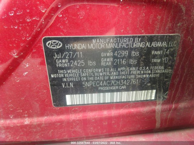 Photo 8 VIN: 5NPEC4AC7CH342761 - HYUNDAI SONATA 