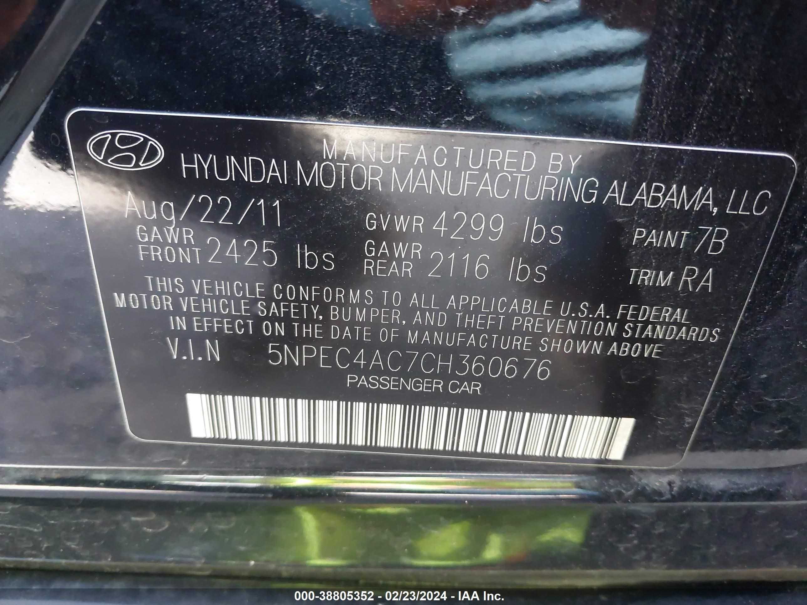 Photo 8 VIN: 5NPEC4AC7CH360676 - HYUNDAI SONATA 