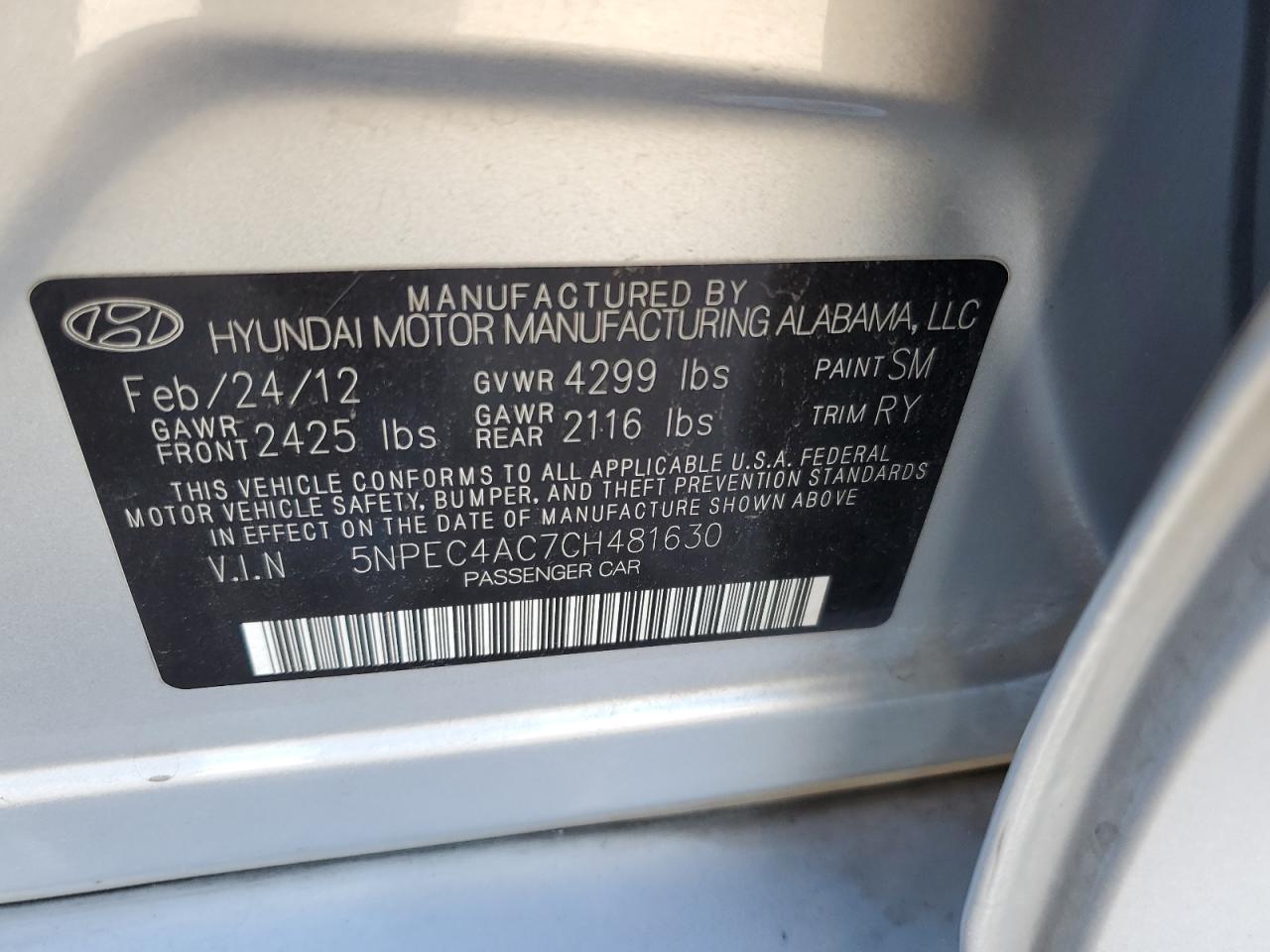 Photo 11 VIN: 5NPEC4AC7CH481630 - HYUNDAI SONATA 