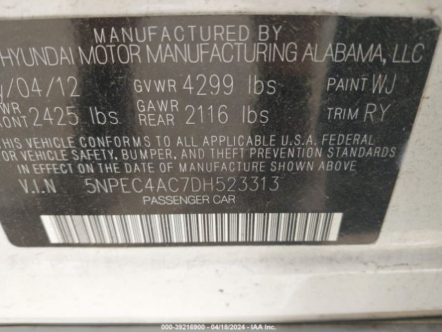 Photo 8 VIN: 5NPEC4AC7DH523313 - HYUNDAI SONATA 