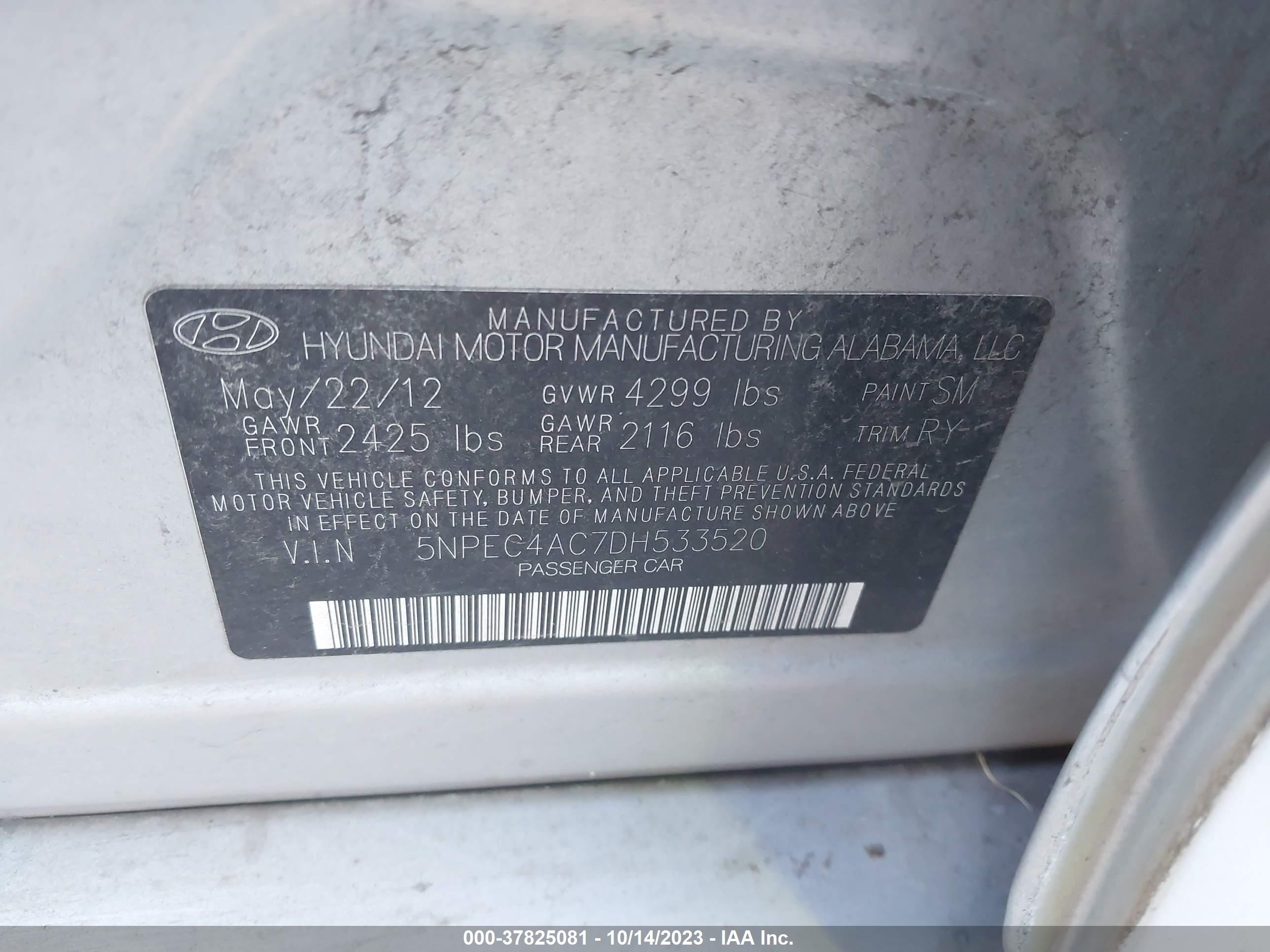 Photo 8 VIN: 5NPEC4AC7DH533520 - HYUNDAI SONATA 