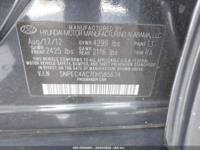 Photo 8 VIN: 5NPEC4AC7DH585634 - HYUNDAI SONATA 