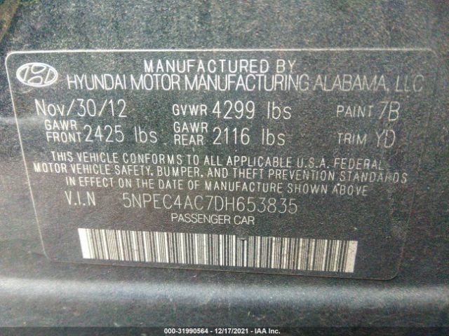 Photo 8 VIN: 5NPEC4AC7DH653835 - HYUNDAI SONATA 