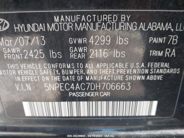 Photo 8 VIN: 5NPEC4AC7DH706663 - HYUNDAI SONATA 