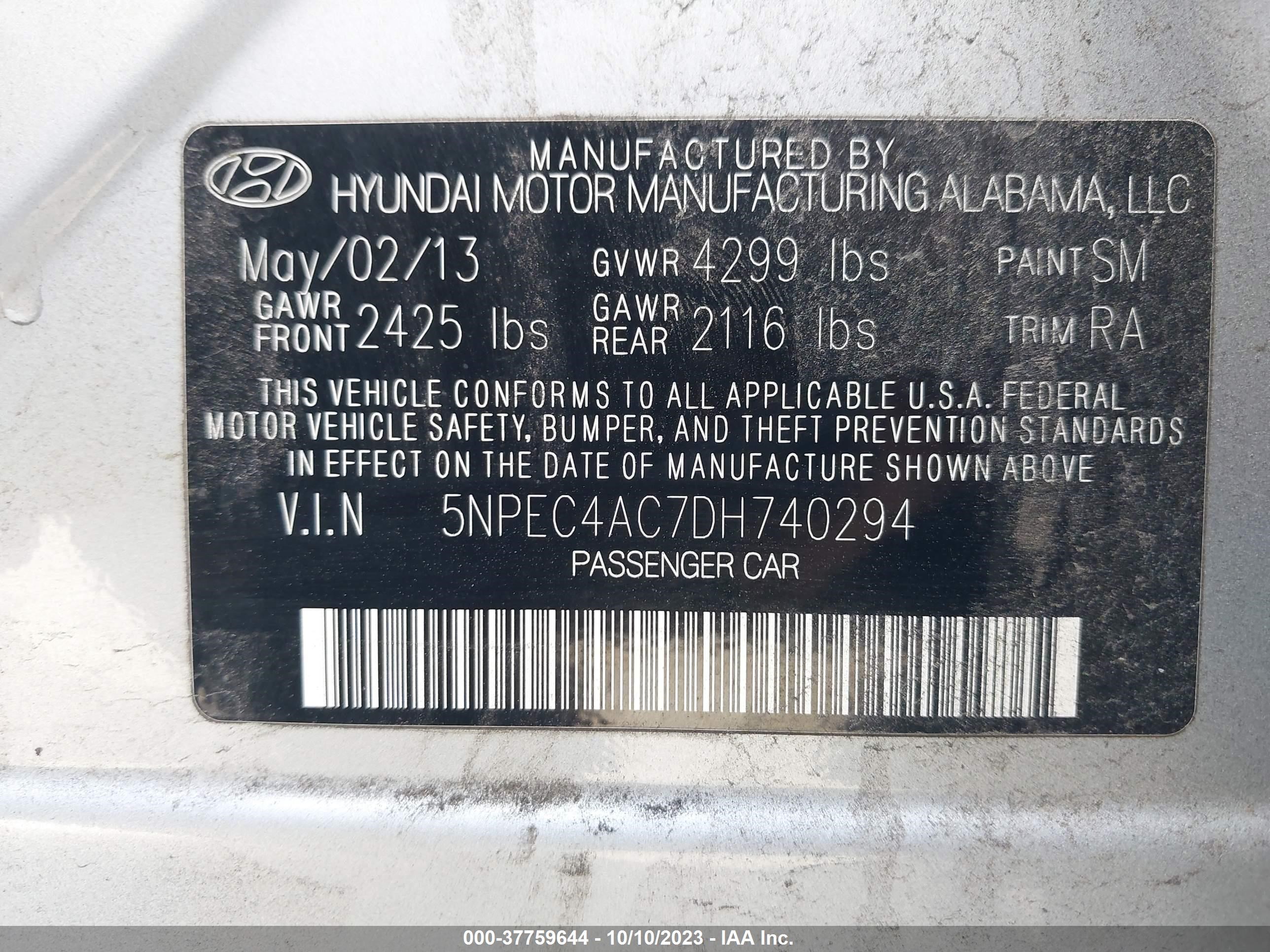 Photo 8 VIN: 5NPEC4AC7DH740294 - HYUNDAI SONATA 